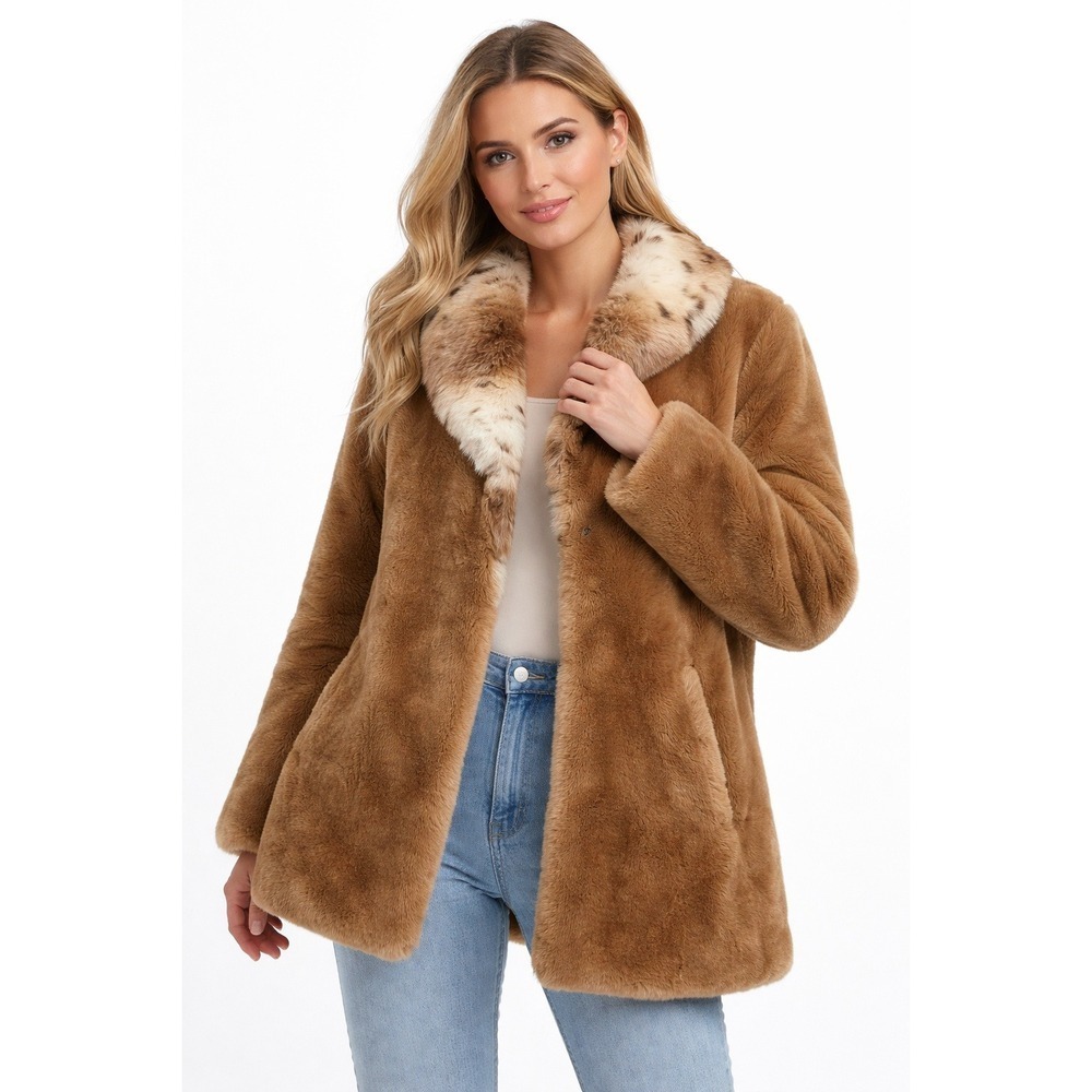 Pamela McCoy Collections Faux Fur Coat Brown Animal Print Collar Small